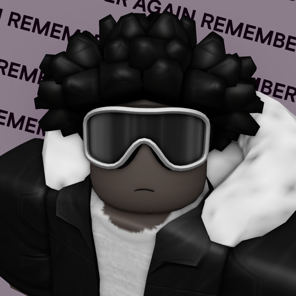 Yoru's profile picture, a Roblox avatar sporting black twists, a ski mask, and a black jacket over a white shirt. The background behind him is a pattern repeating the words, 'Remember Again!' in all caps.